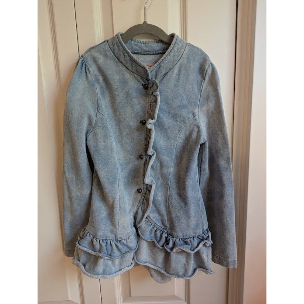 Joyfolie Mia Joy knit distressed ruffle denim riding jacket Girl sz 7